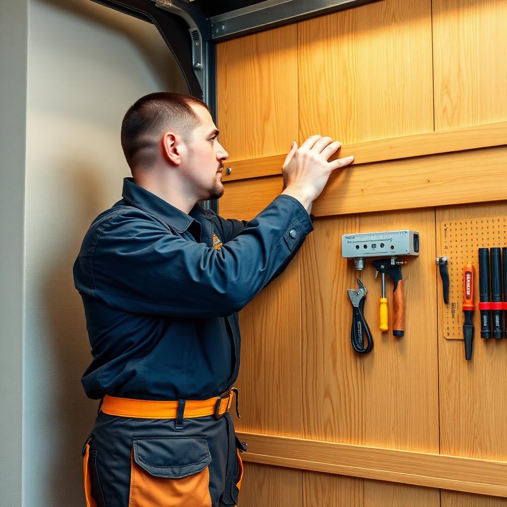 Professional technician installing garage door in Lawrence MA